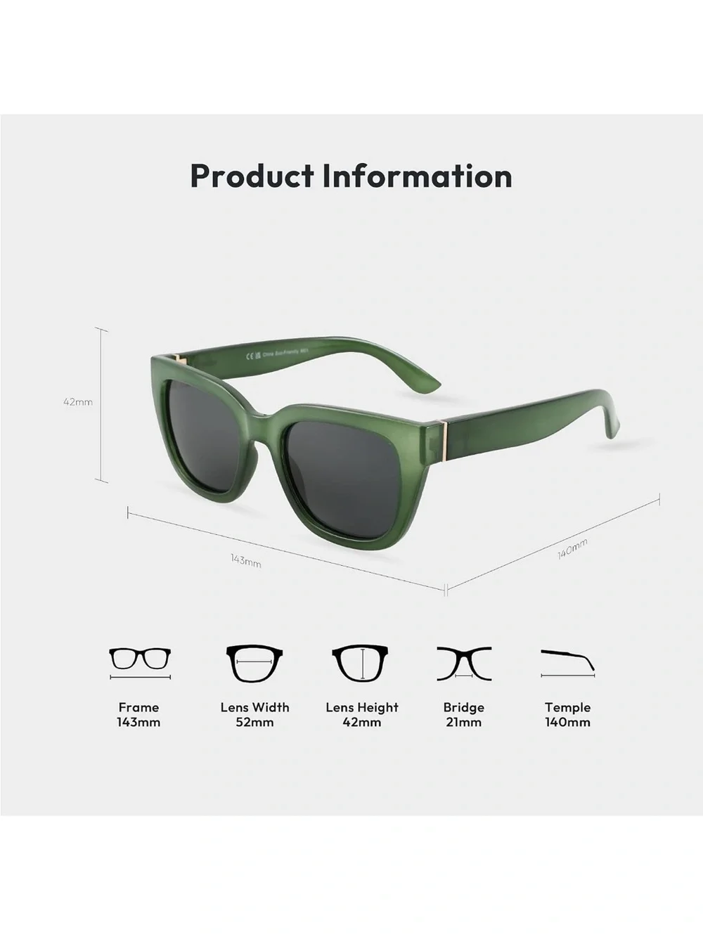ZENOTTIC Womens Square Polarized Sunglasses Green Retro UV400 Vintage NIB⁠